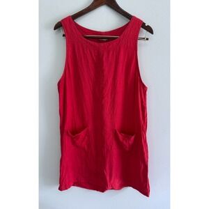 Vintage Red 100% Linen Sleeveless Shift Dress with Front Pockets Mini Length